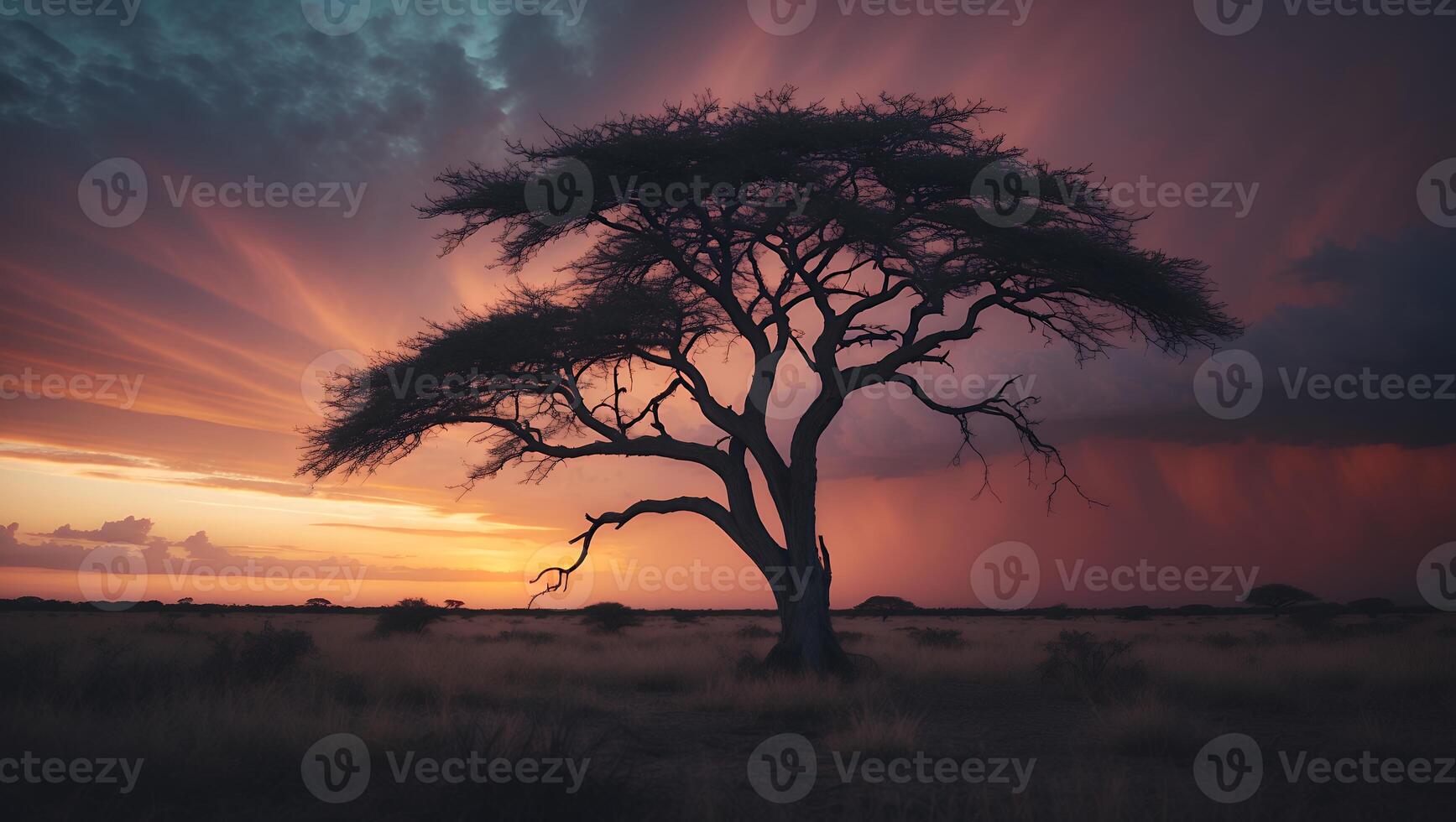 Lone Tree Standing Silhouetted in Dramatic Sunset Over African Savanna photo