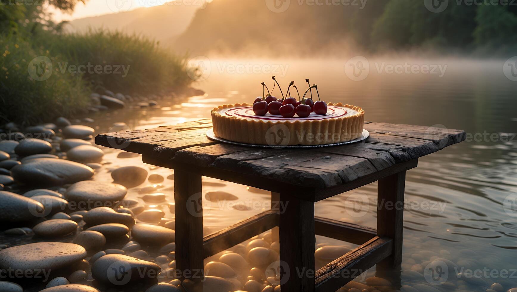 Cherry Tart on Rustic Table by Water with Foggy Sunrise photo