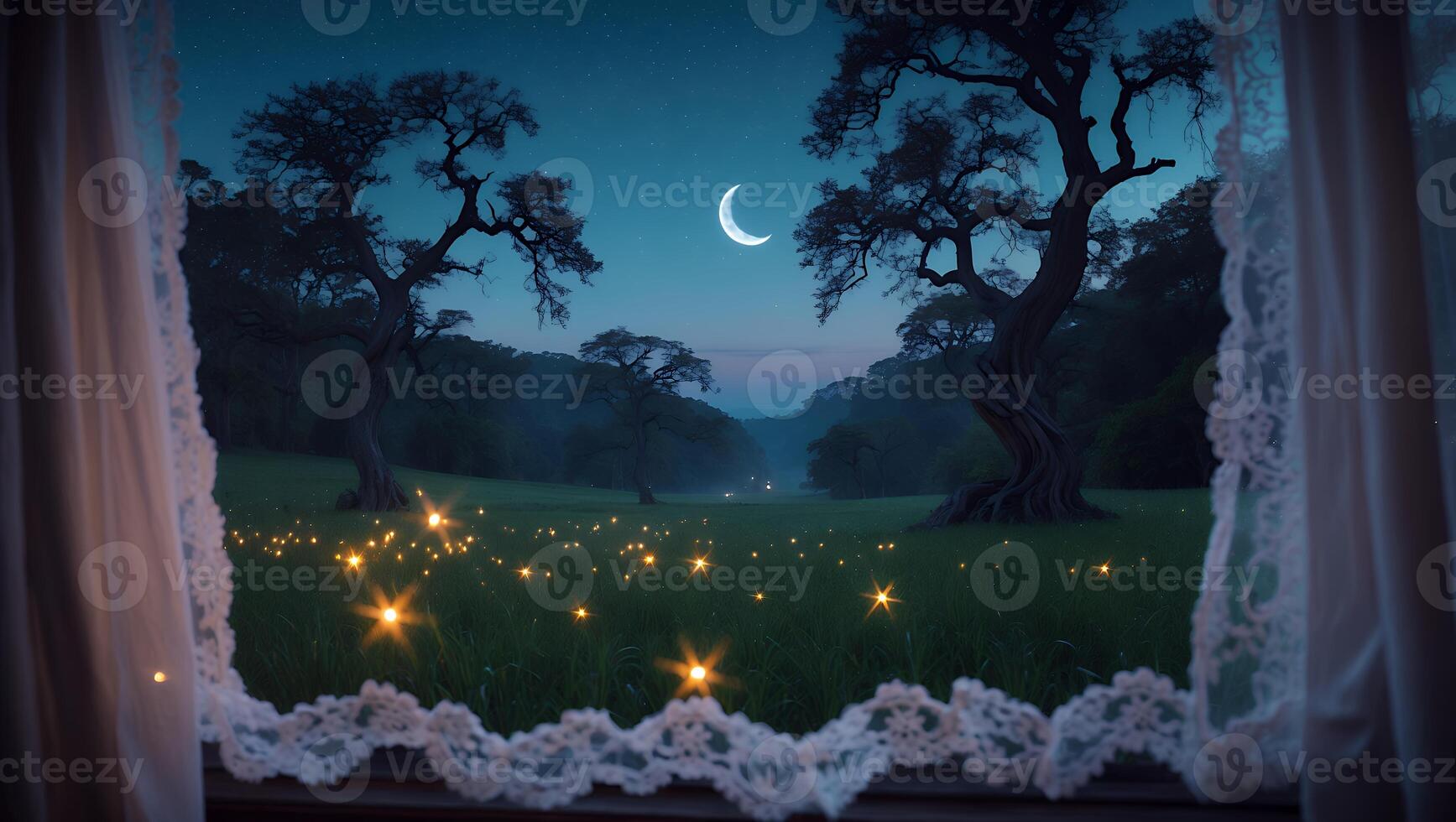 Looking Out Window at Meadow with Trees Under Moonlit Sky photo