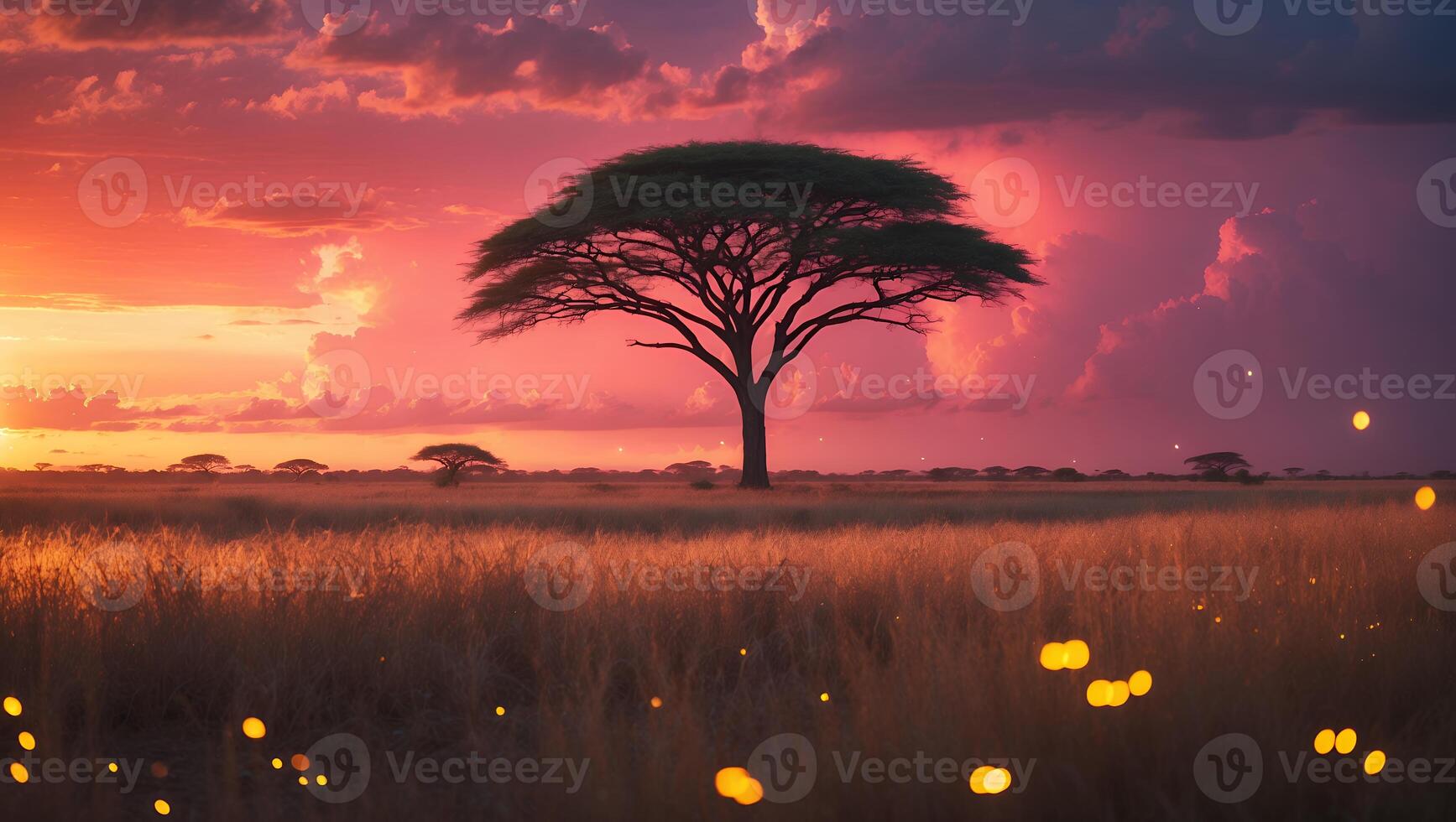 Lone Tree Silhouette on Open Field at Sunset with Dramatic Sky photo
