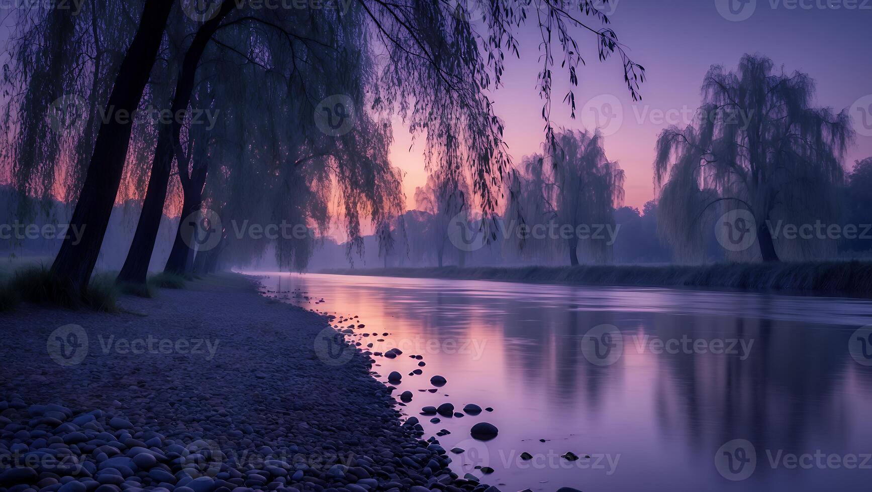 Tranquil River at Dusk Reflecting Willow Trees in Soft Light photo