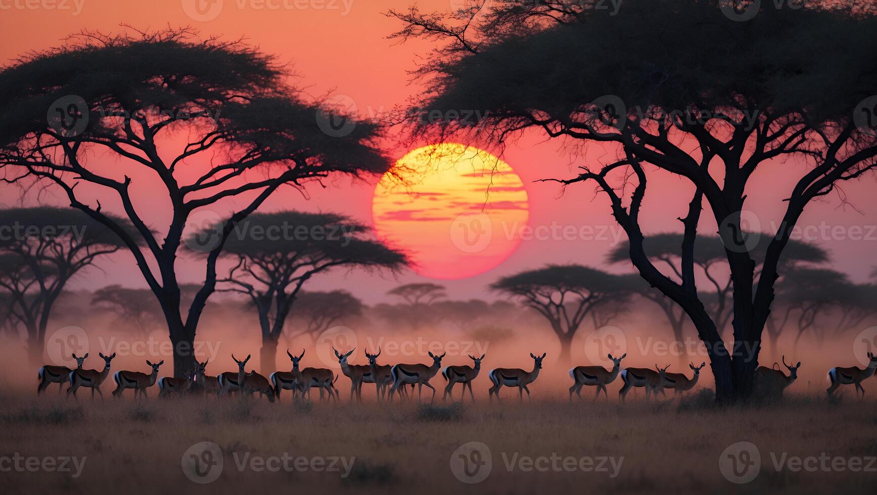 Herd of Antelope Walking at Sunset Through African Savanna Landscape photo