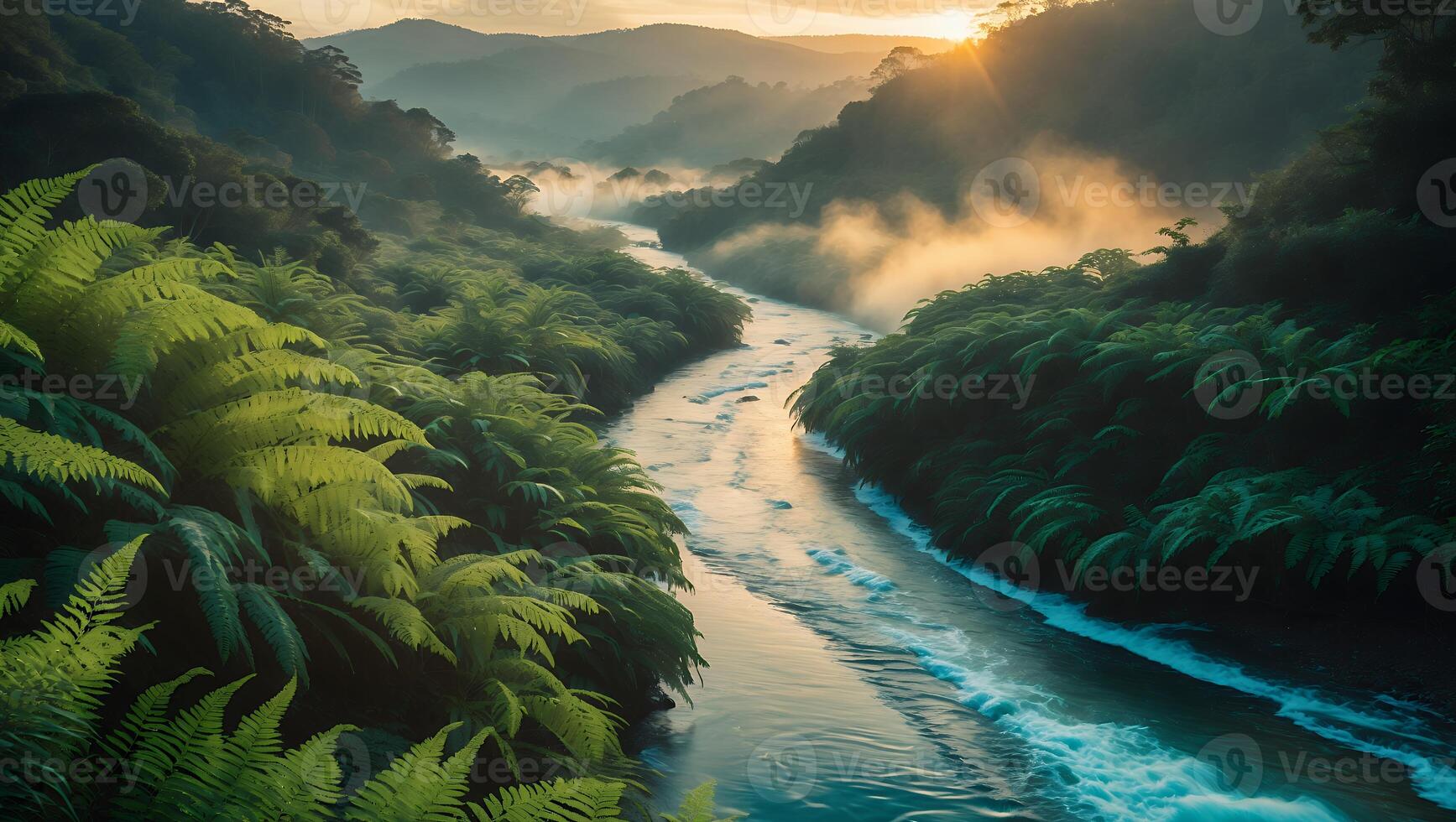 Flowing River Through Lush Green Forest at Golden Sunrise photo