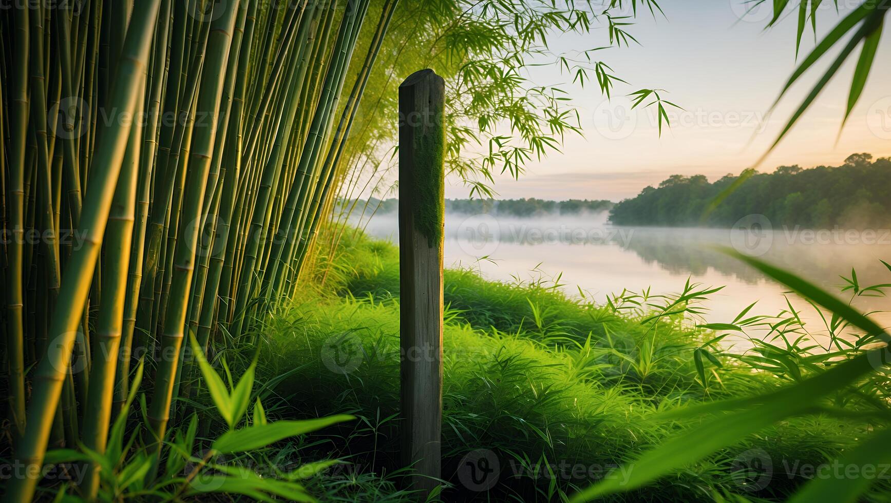 Bamboo Grove by Calm Lake with Morning Mist and Wooden Post photo