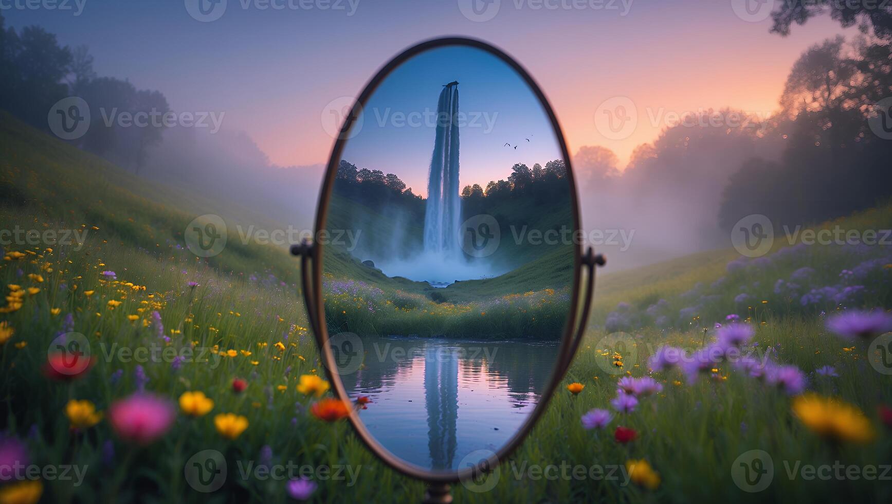 Waterfall Reflected in Mirror on Flower Meadow at Misty Dawn photo
