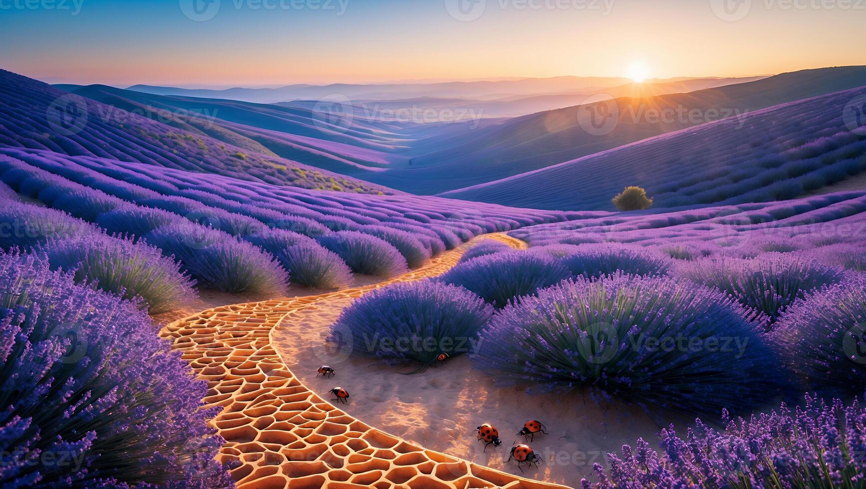 Lavender Field at Sunrise with Insects and Scenic Path photo