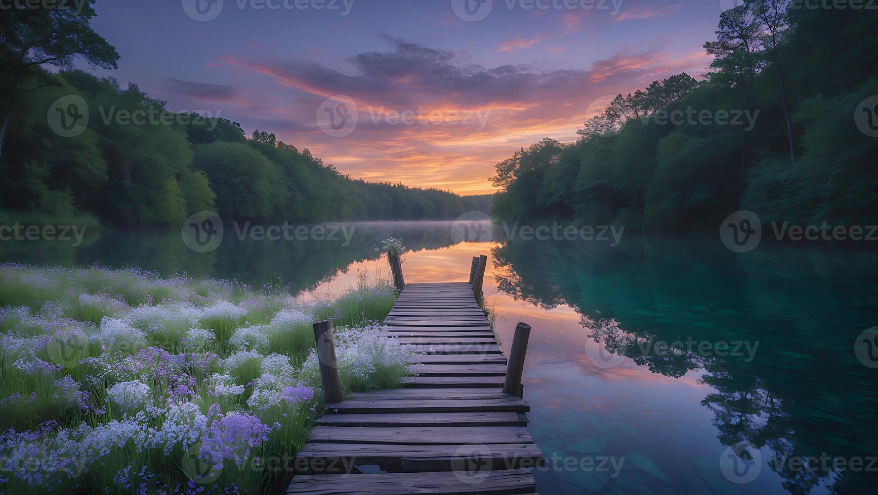 Wooden Dock Extends Onto Calm Lake at Colorful Sunset Twilight photo