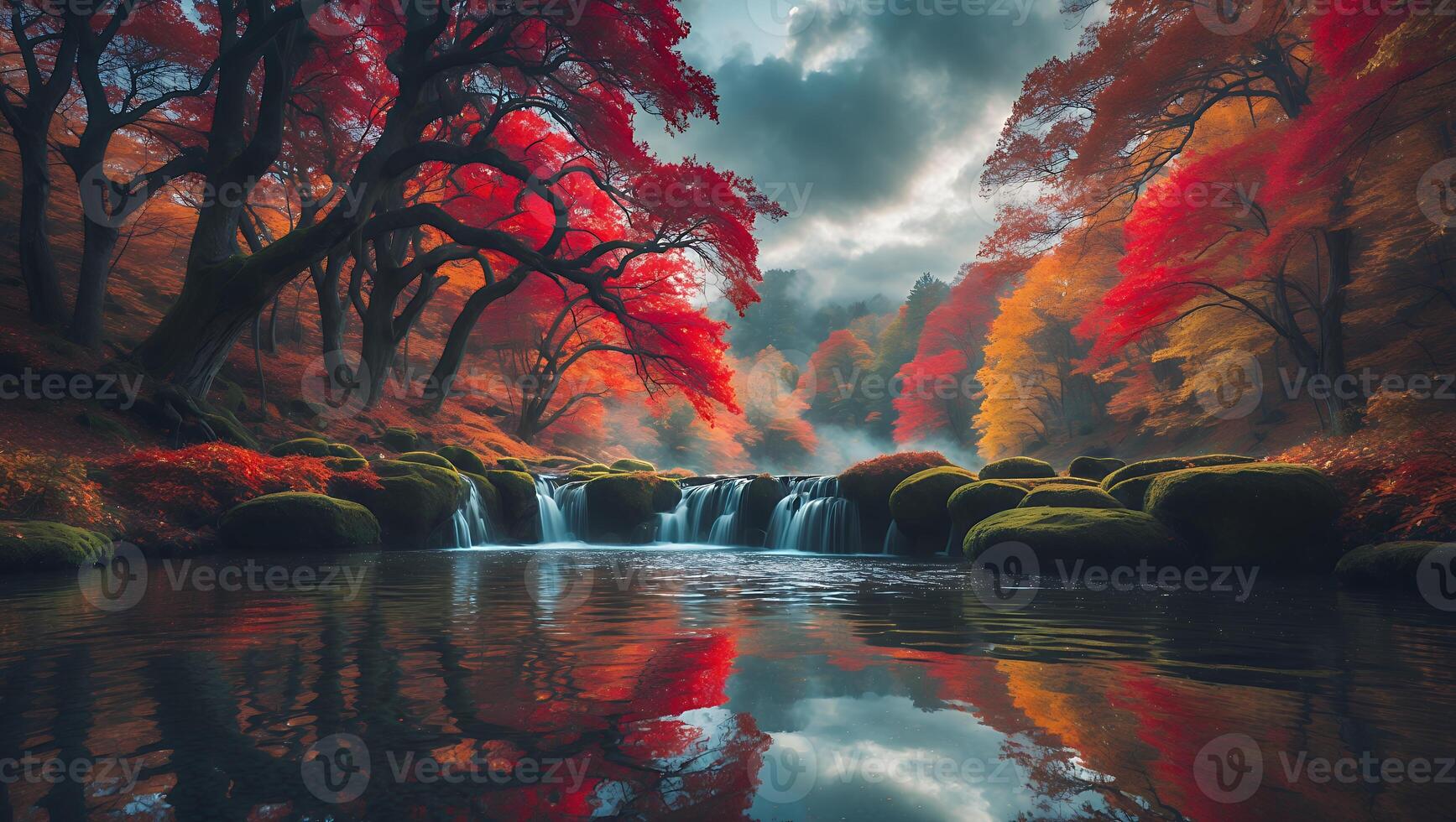 Waterfall Flowing Through Autumn Forest with Red Trees and Reflections photo