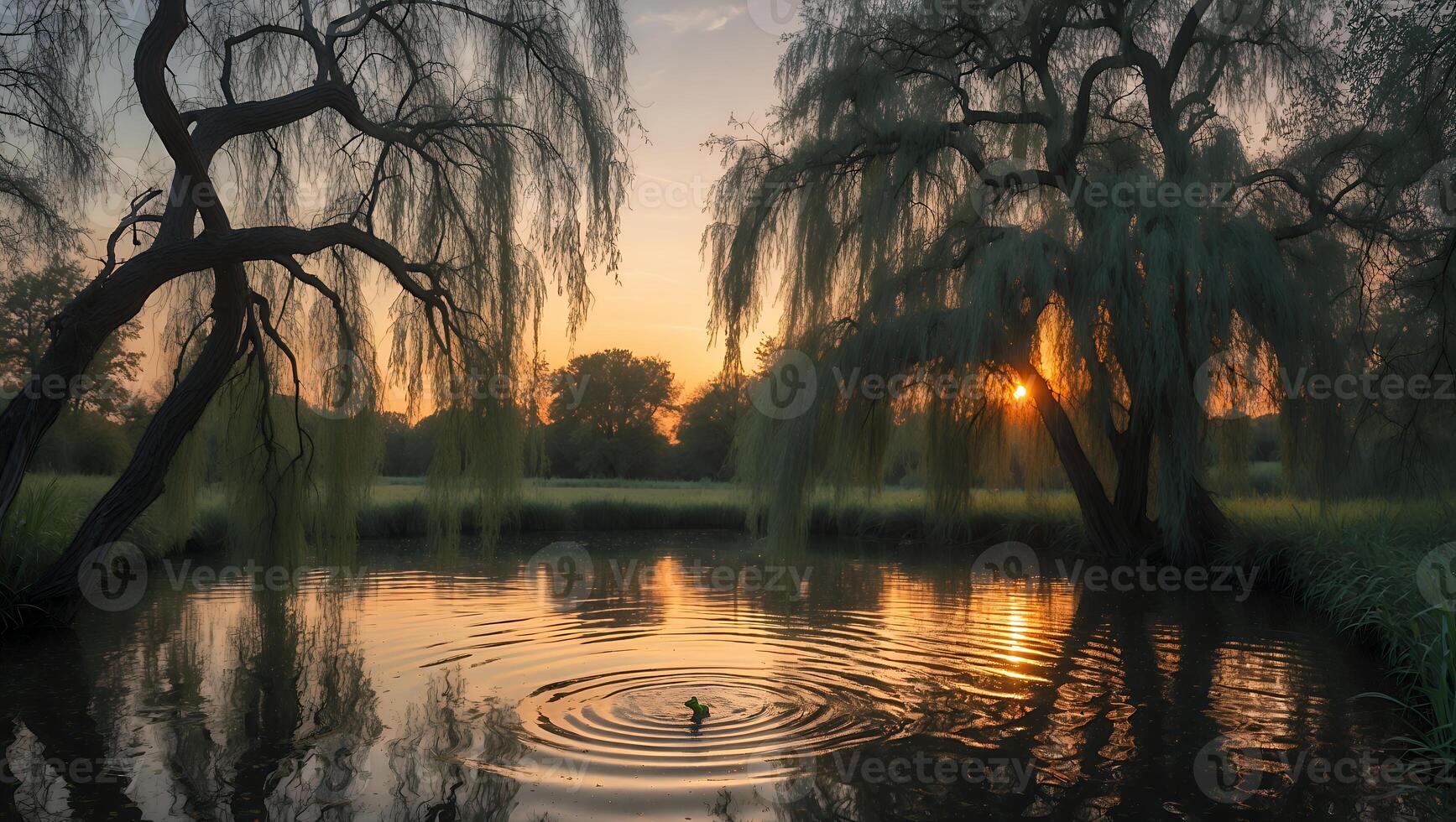 Willow Trees Silhouetted at Sunset Reflecting in Still Pond Water photo