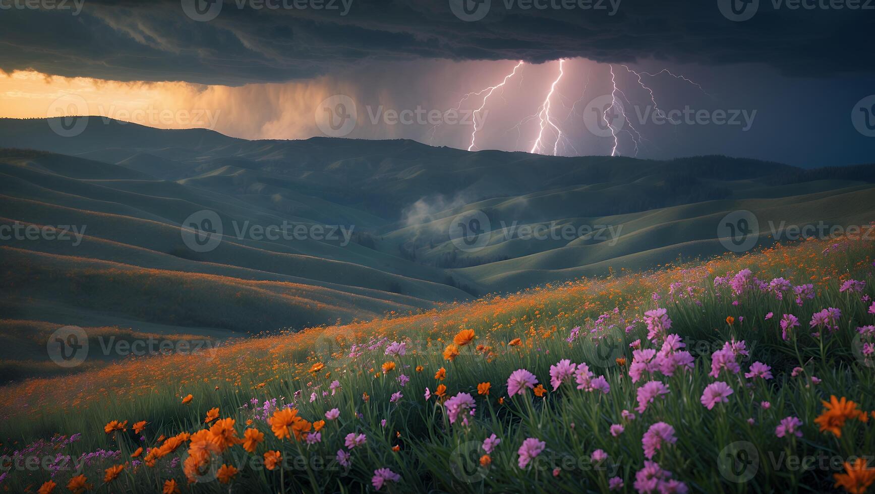 Landscape with Wildflowers Thunderstorm and Lightning Over Rolling Green Hills photo