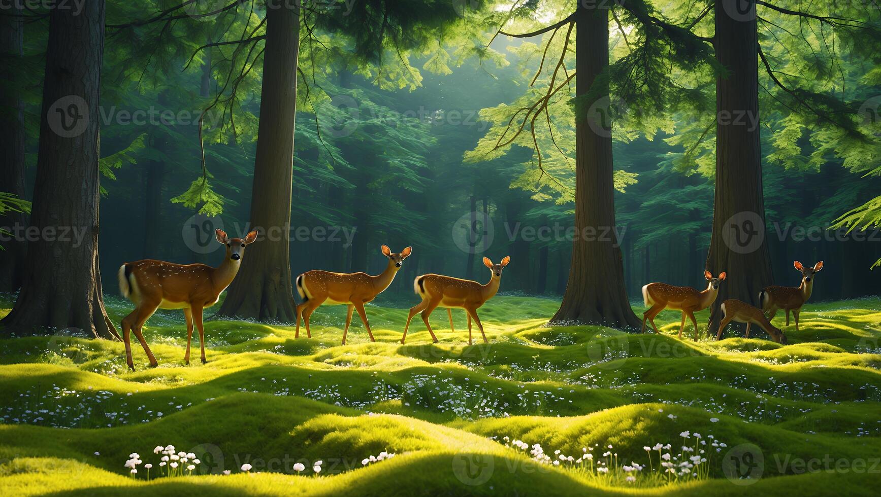 Deer Grazing in Sunlit Forest Glade with Lush Green Groundcover photo