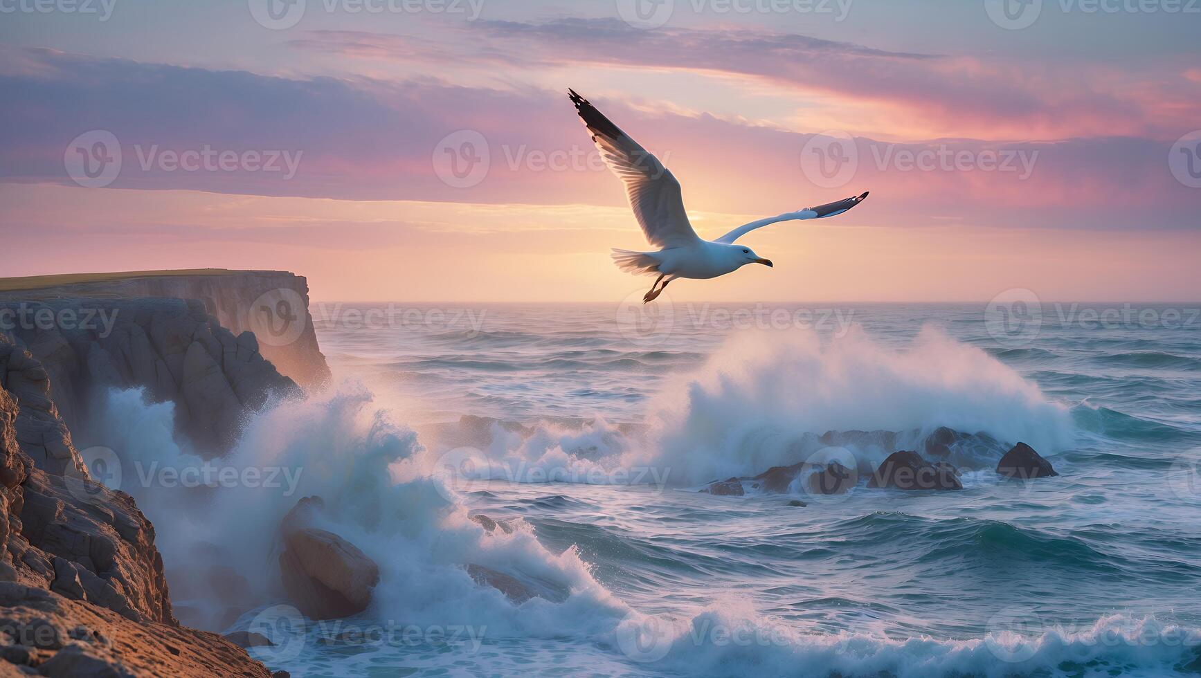 Seagull Flying Over Rocky Coastline with Crashing Waves at Sunset photo