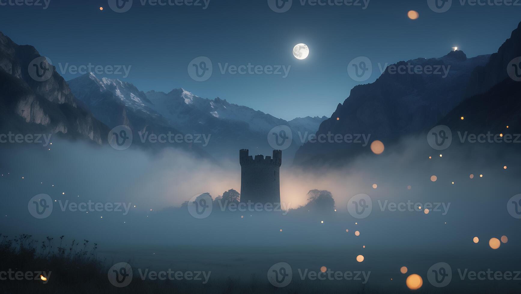 Mystical Tower in Fog Under Moonlight Surrounded by Snow Mountains photo