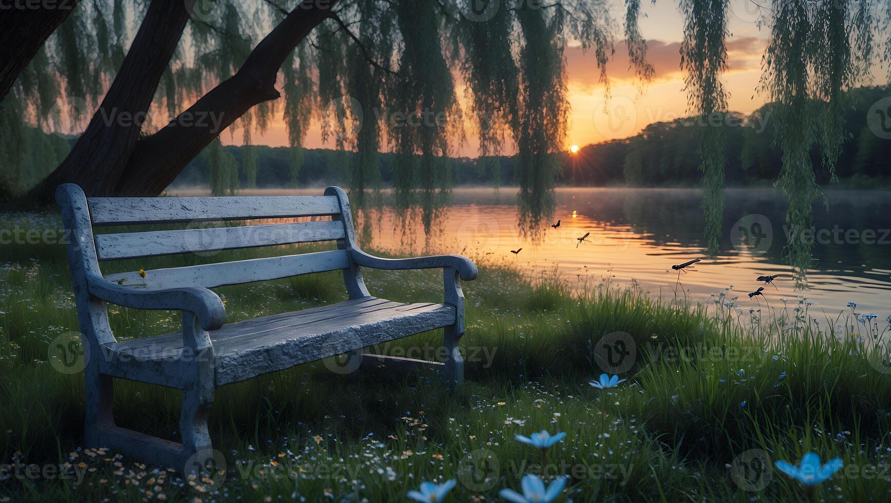 Bench by Lake at Sunrise Weeping Willow Tranquil Scene photo