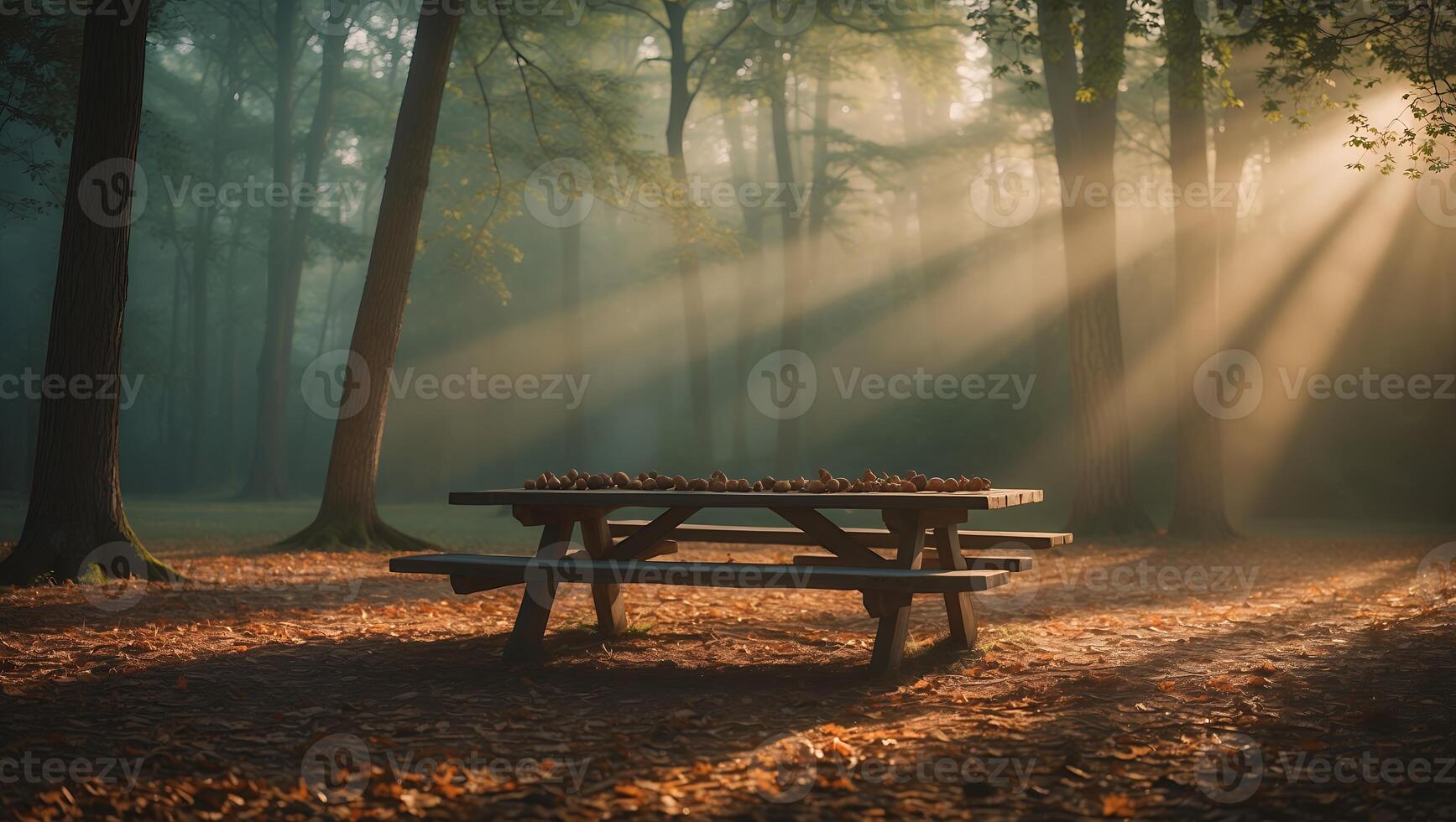 Picnic Table in Misty Forest Glade with Sunbeams and Autumn Leaves photo