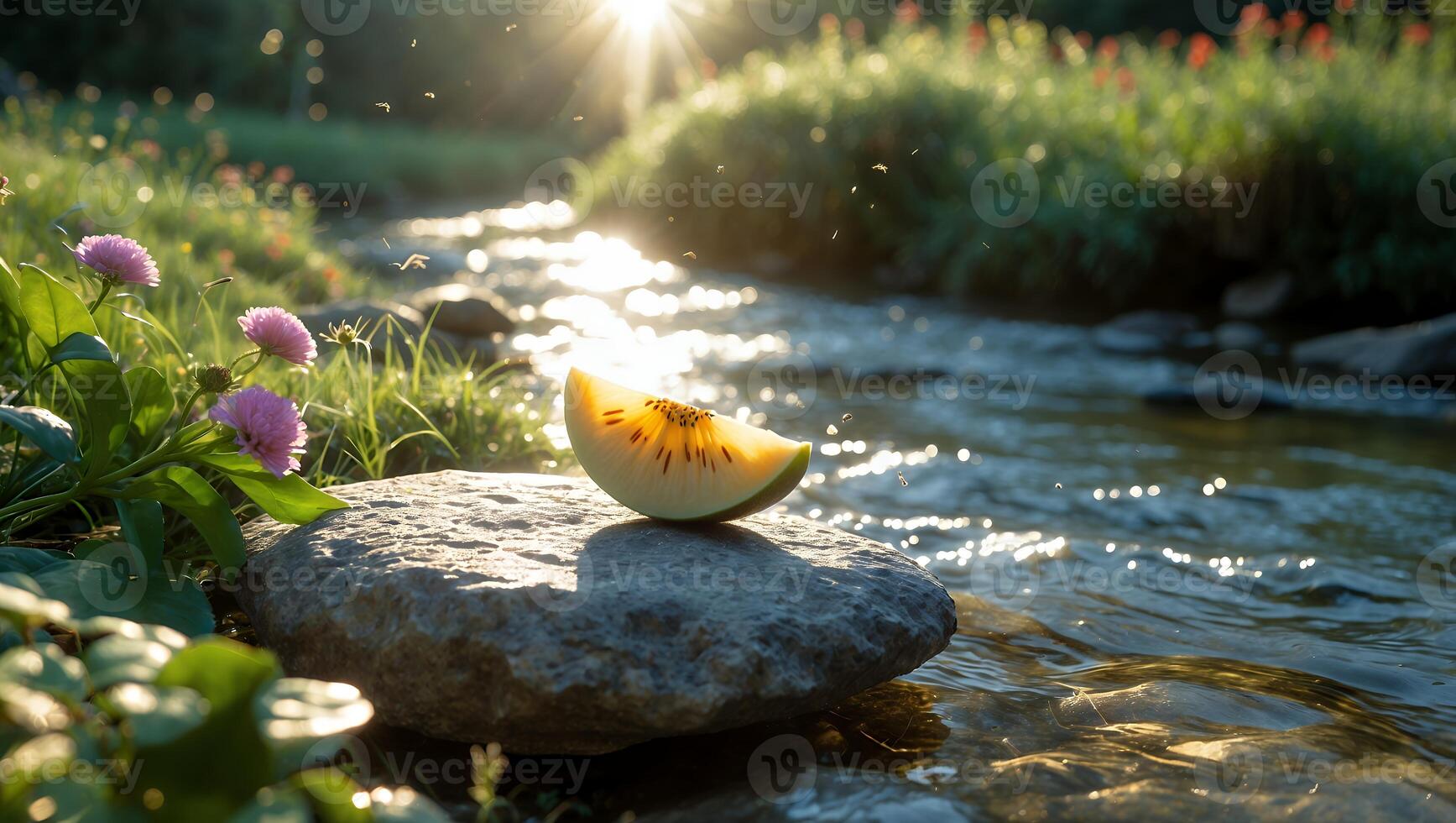 Fruit Slice on Rock Near Stream with Sunlight Bursting Through photo