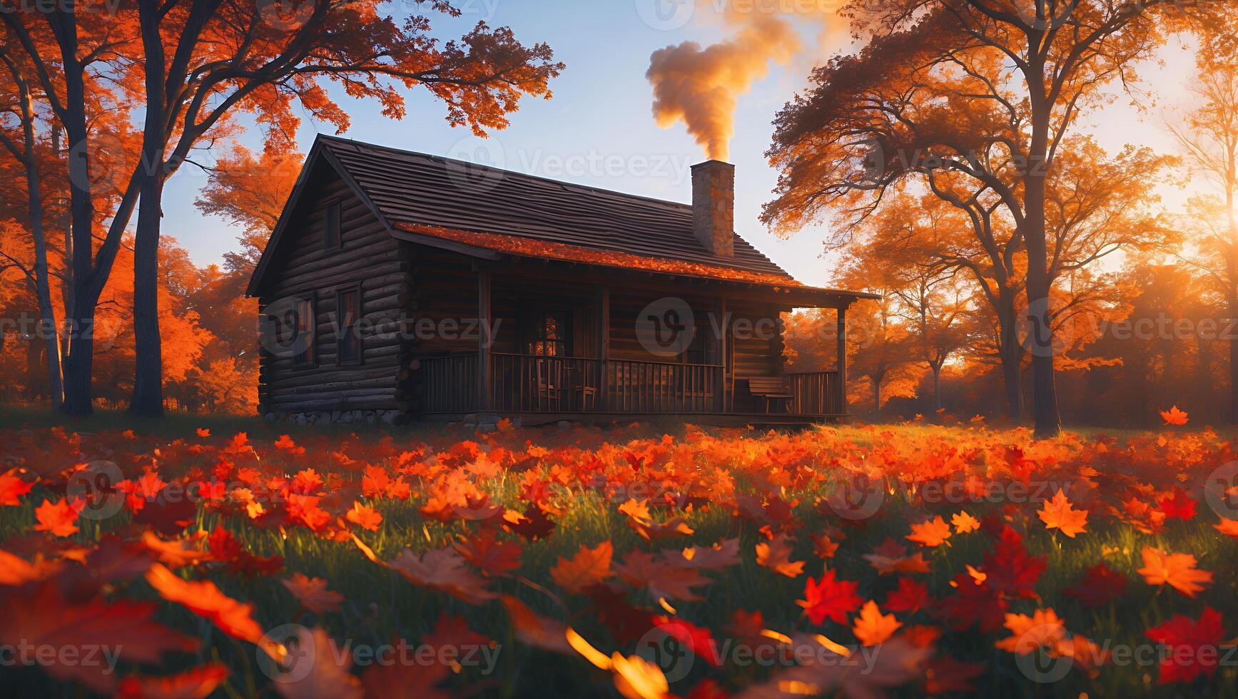 Cabin in Autumn Forest with Fallen Leaves and Smoke From Chimney photo