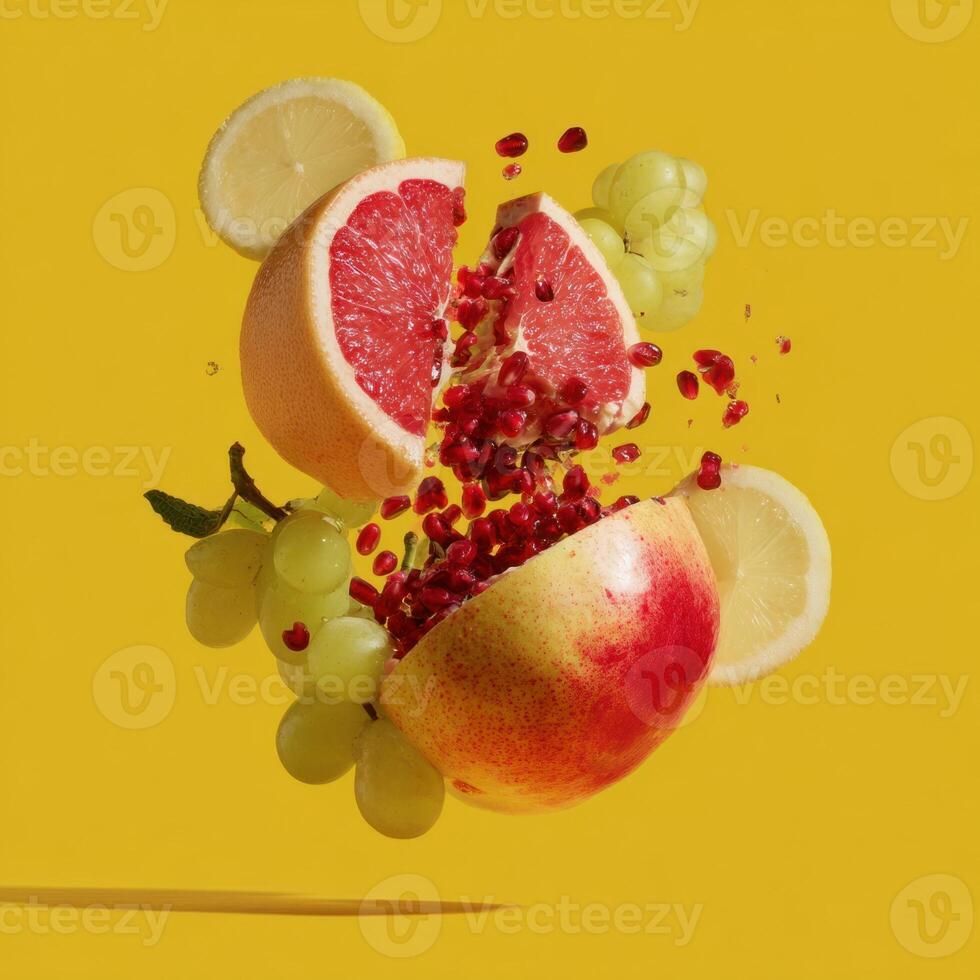 Sliced grapefruit, apple, grapes, lemon and pomegranate seeds falling on yellow background photo