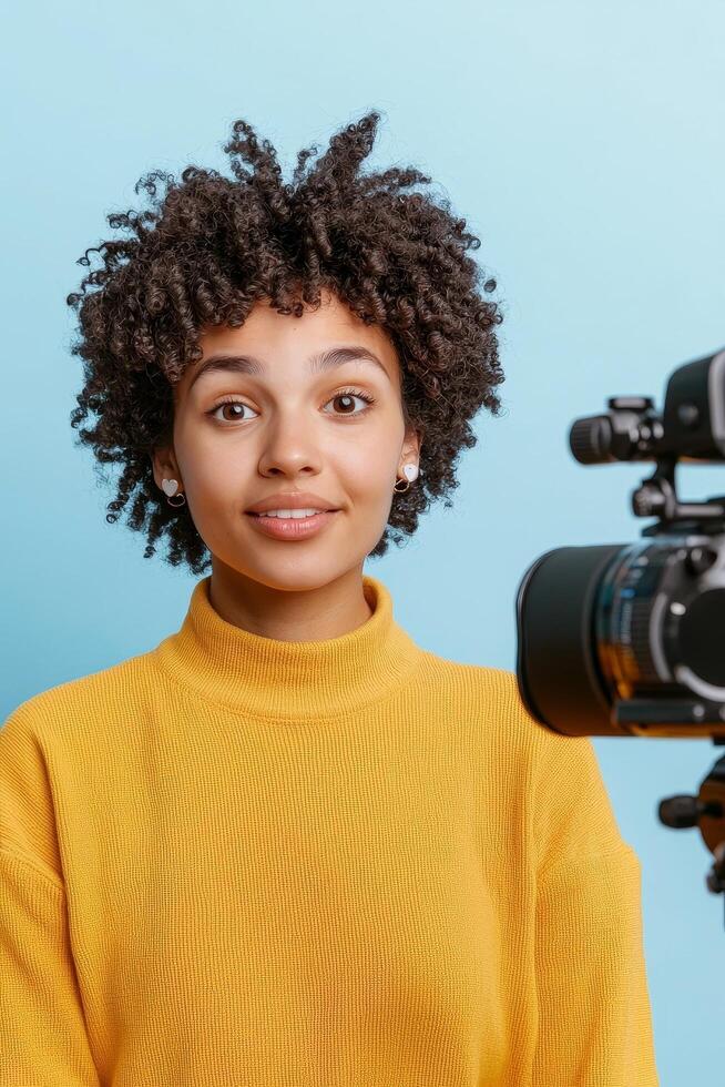 Influencer marketing and brand ambassadors concept. Confident woman posing with a camera against a colorful background. photo