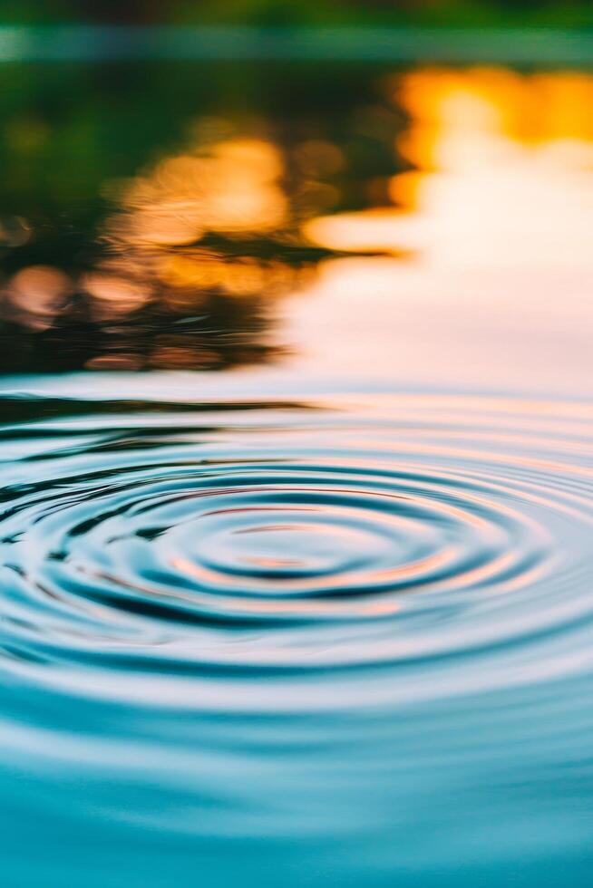 Serene, pure crystal water from gentle rain. Rippling water surface reflecting warm sunset colors. photo