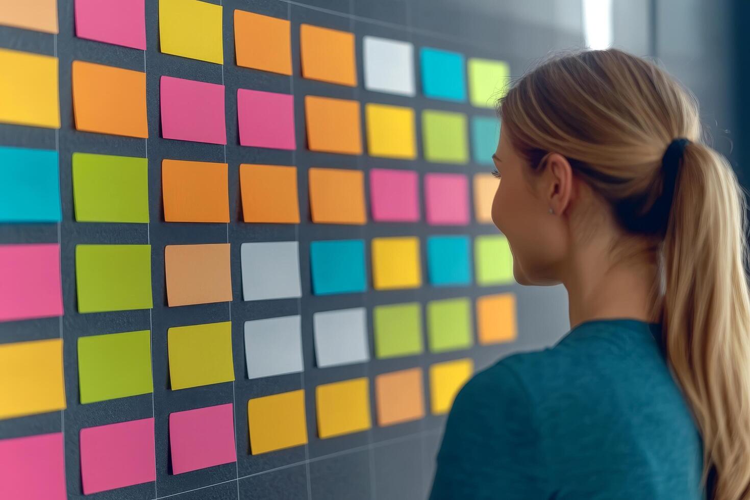Teamwork, cooperation, and smooth workflow. A woman analyzes colorful sticky notes on a wall. photo