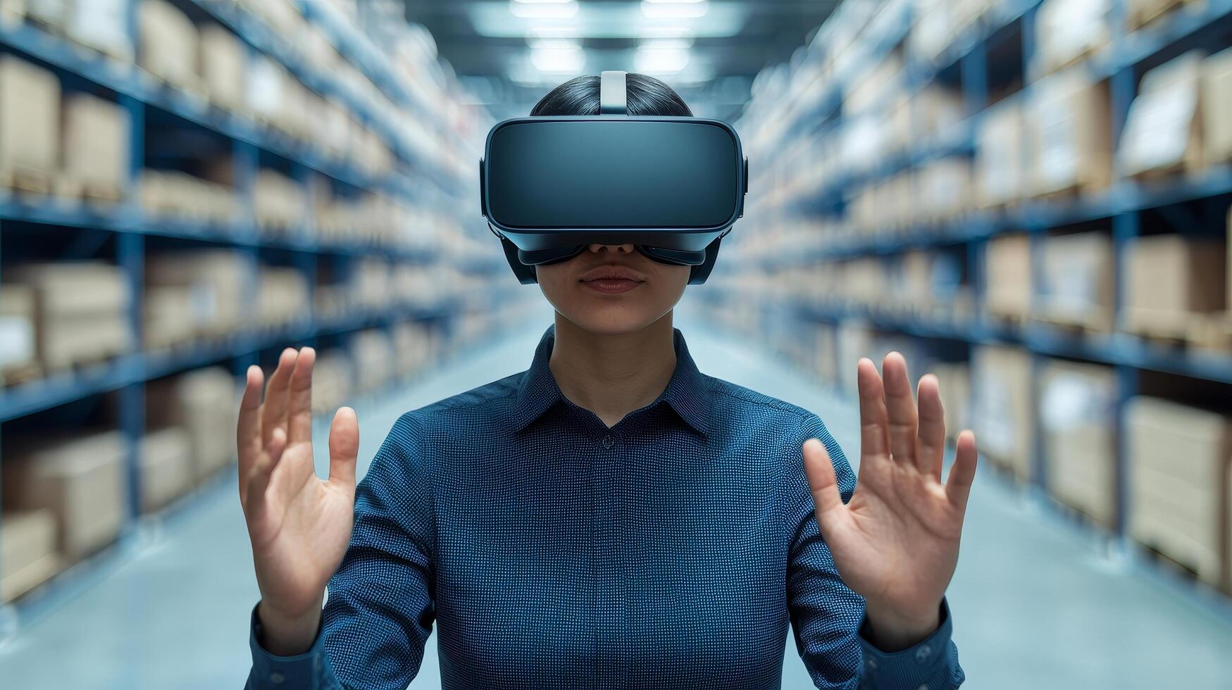 E-commerce logistics powered by data analytics. Person using virtual reality headset in a warehouse setting. photo