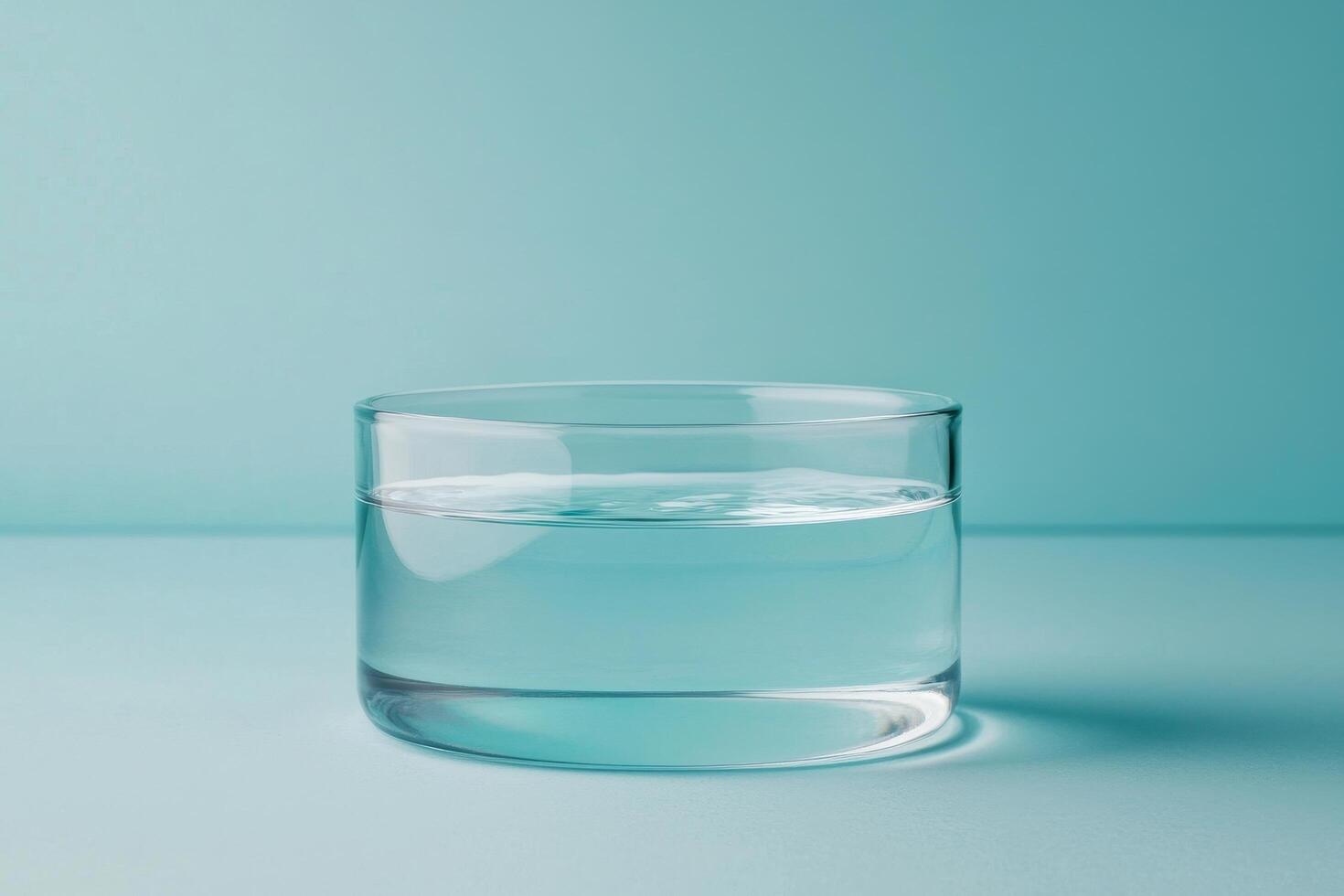 Clear glass container filled with water on a light blue surface. Pure water unpolluted concept. photo