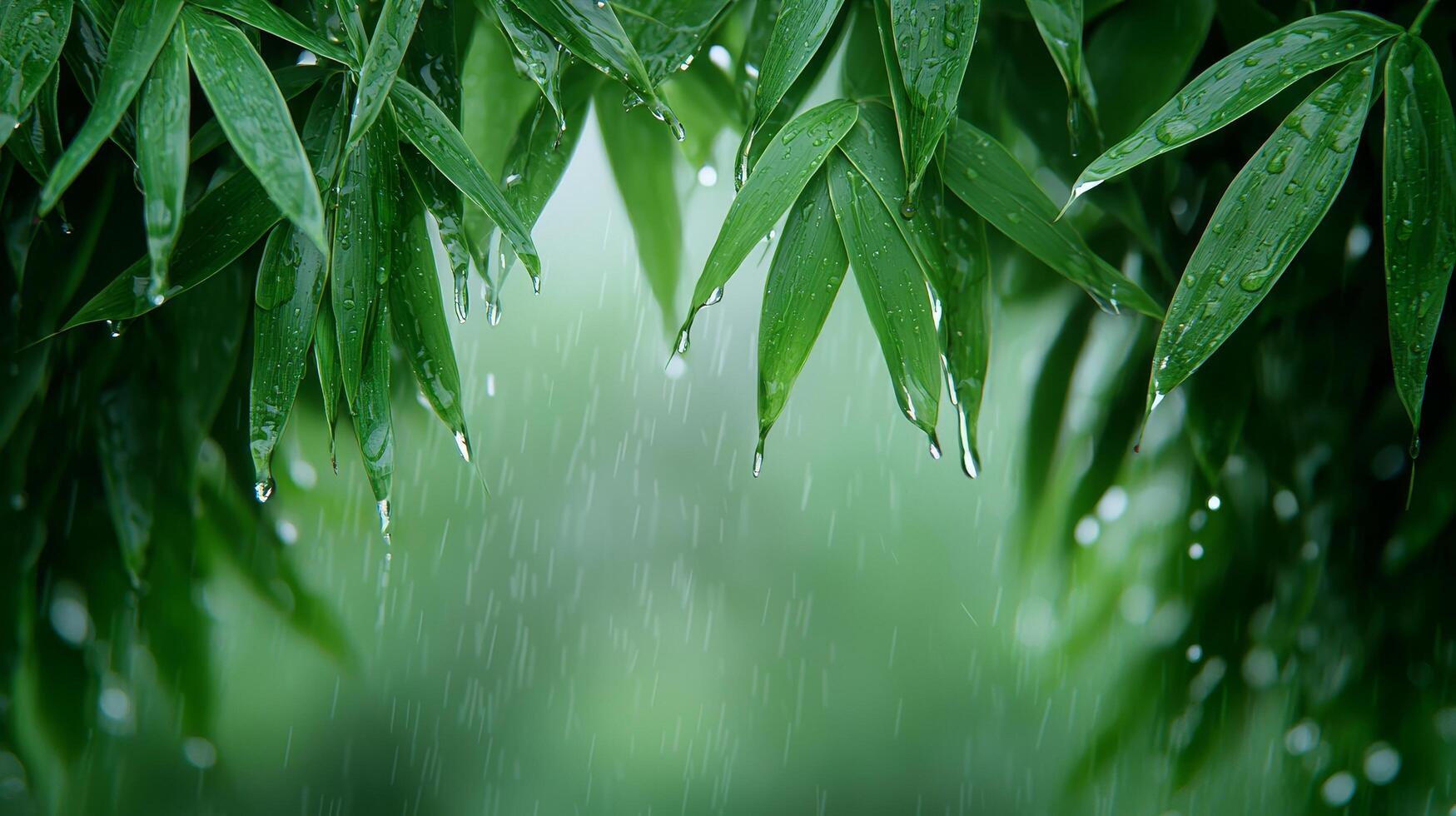 Lush green bamboo leaves under gentle rain droplets. Pure water unpolluted concept. photo