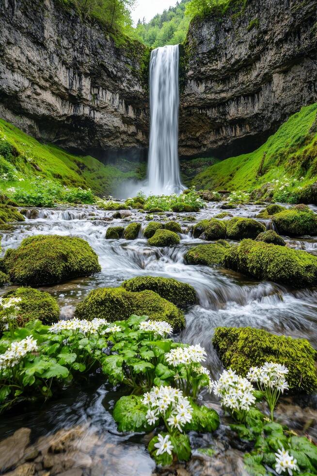 A stunning waterfall surrounded by lush greenery and serene pools. Pure water unpolluted concept. photo