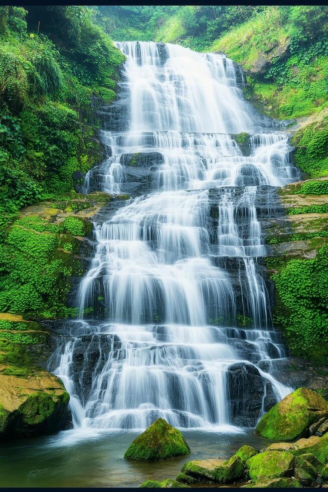 Majestic waterfall cascading over rocky cliffs in a lush green setting. Pure water unpolluted concept. photo