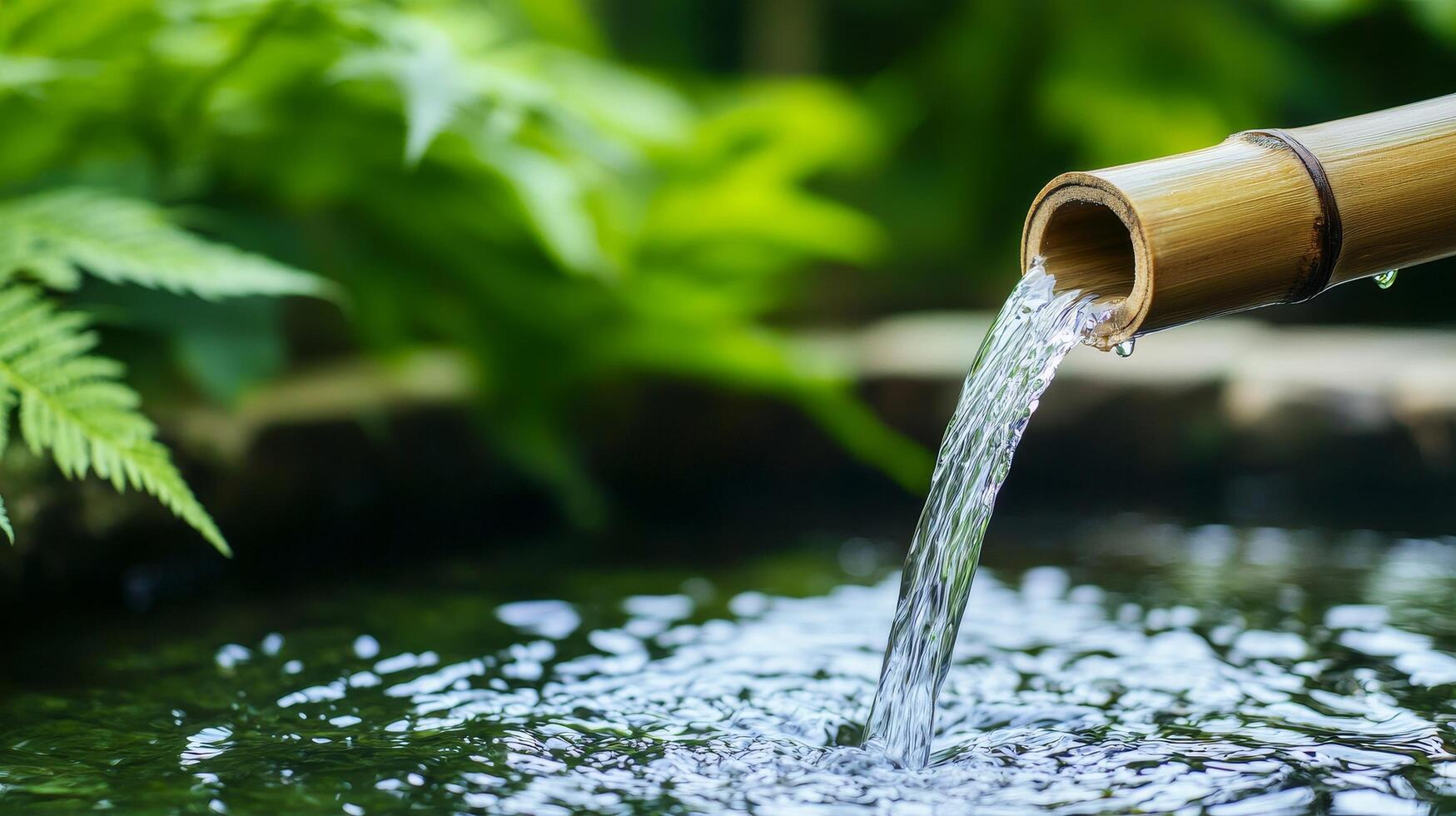 Bamboo water fountain with lush greenery background. Crystal water with eco-friendly concept. photo