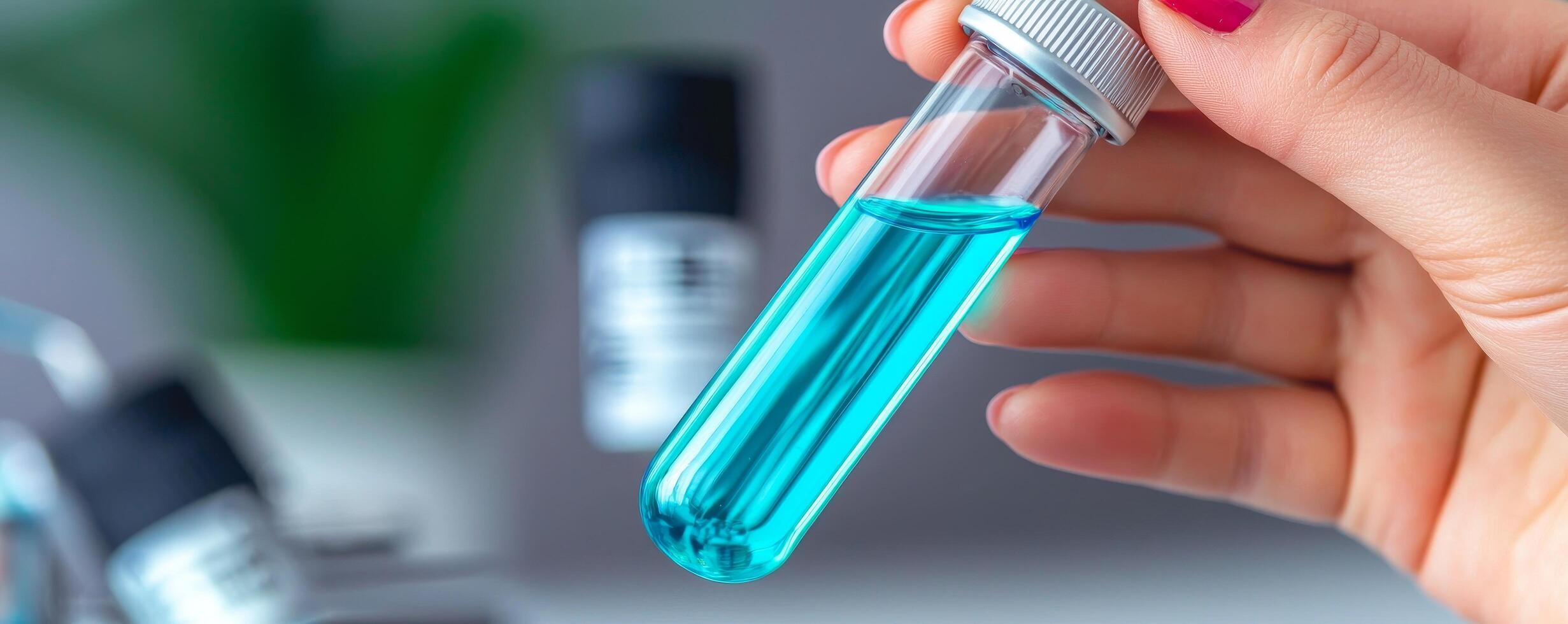 Lab hand holding a test tube filled with blue liquid. photo