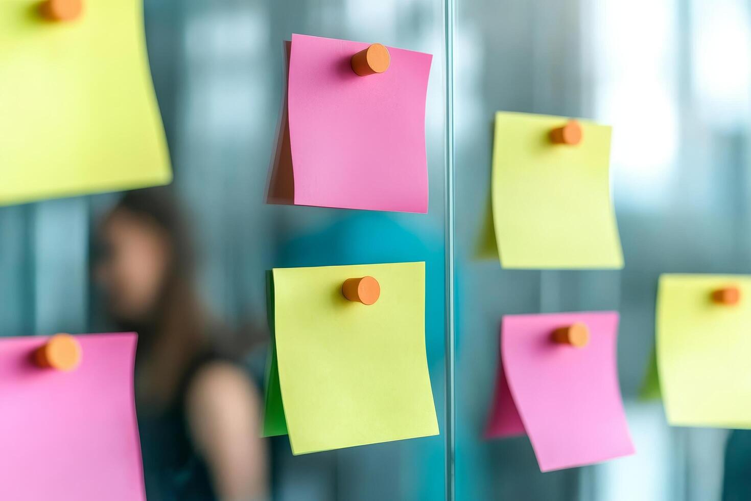 Colorful sticky notes on a glass surface in an office setting. photo