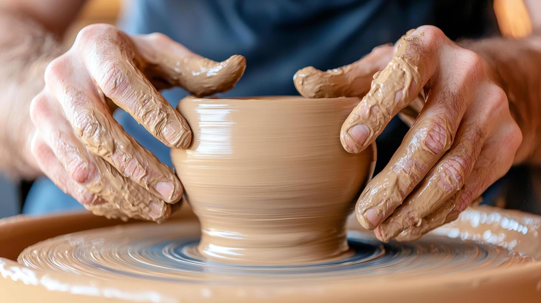 Hands shaping clay on a pottery wheel, creating a bowl. photo