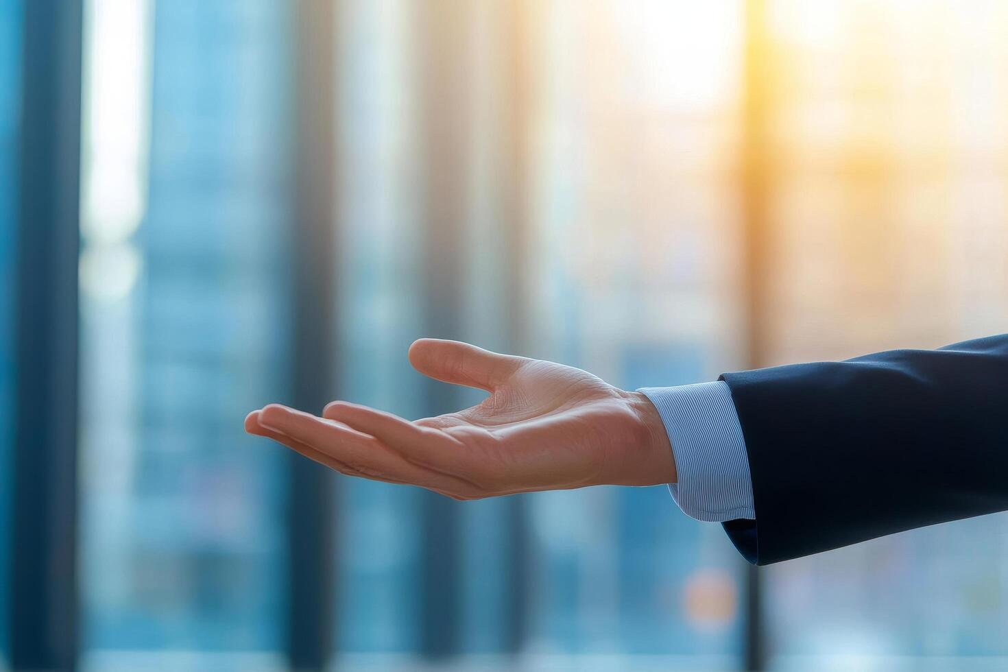 Outstretched hand offering a gesture in a modern office setting. Leadership development program concept. photo
