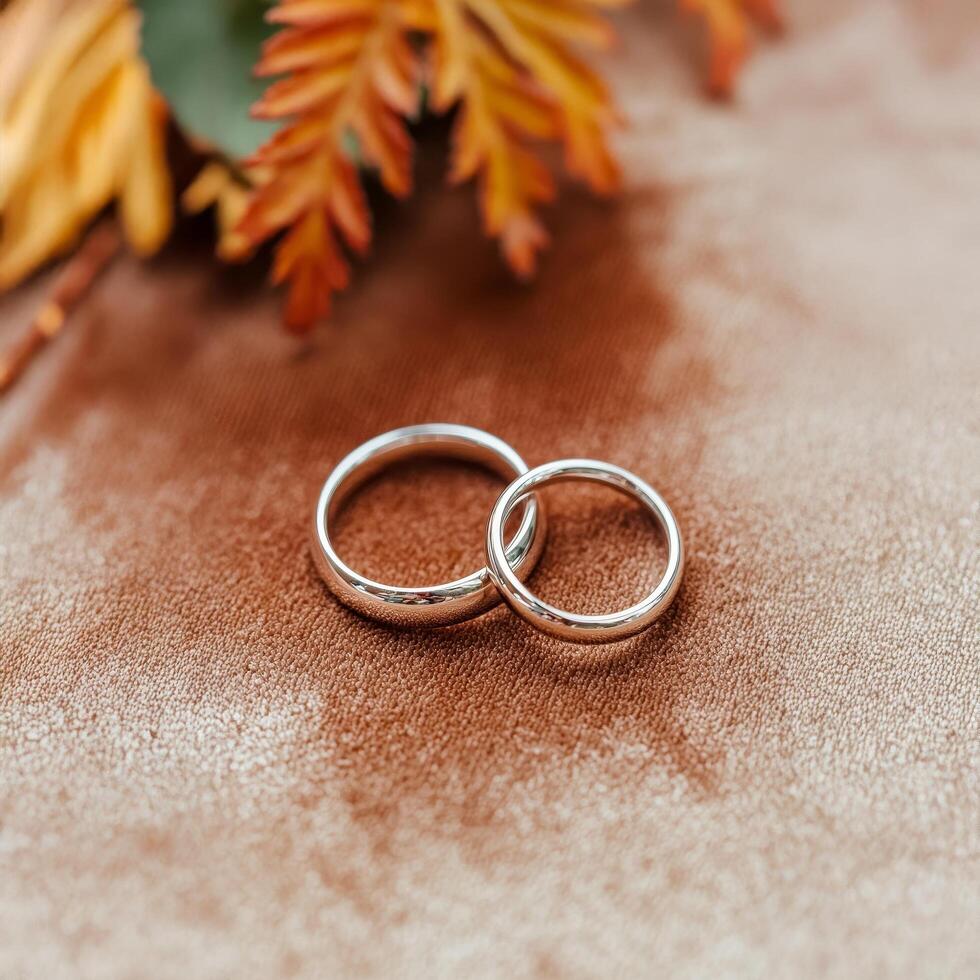 Two silver wedding rings on a textured surface with autumn leaves. Family Portraits and Love Stories and Love Interests concept. photo