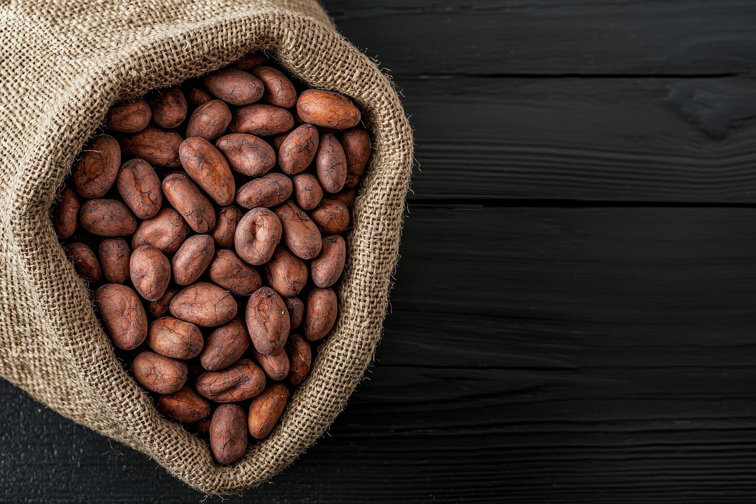 Brown cocoa beans spilling from a burlap sack on a dark wooden surface. photo