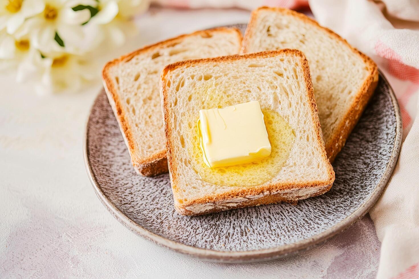 Three slices of bread with butter on a plate, styled elegantly. photo