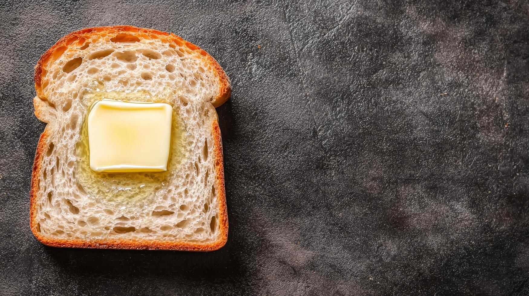 Slice of bread with a pat of butter on a dark background. photo