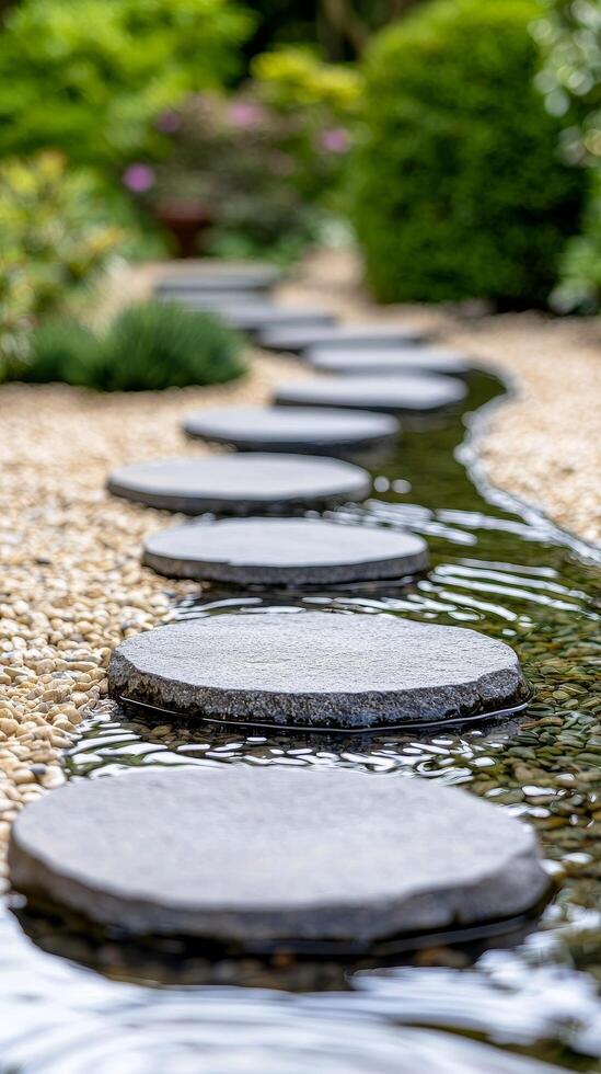 Serene garden pathway with stepping stones and a gentle stream. Wellness and Self-Care Mindfulness and Meditation concept. photo