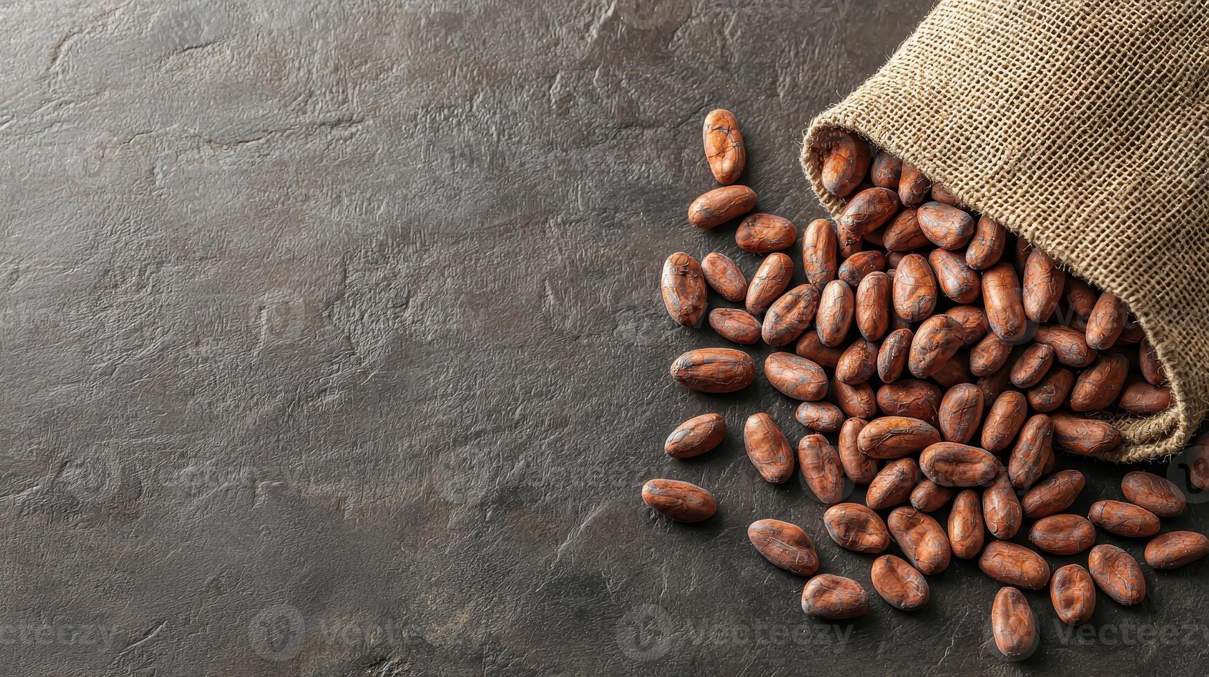 Spilled cocoa beans from a burlap sack on a textured surface. photo
