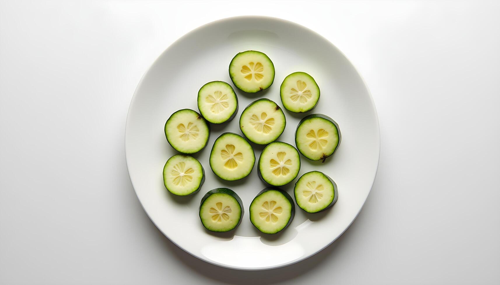 A white plate with sliced circle shape cucumbers on it photo
