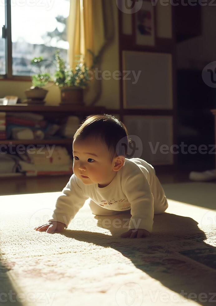 baby crawling on floor, exploration phase, natural light photo