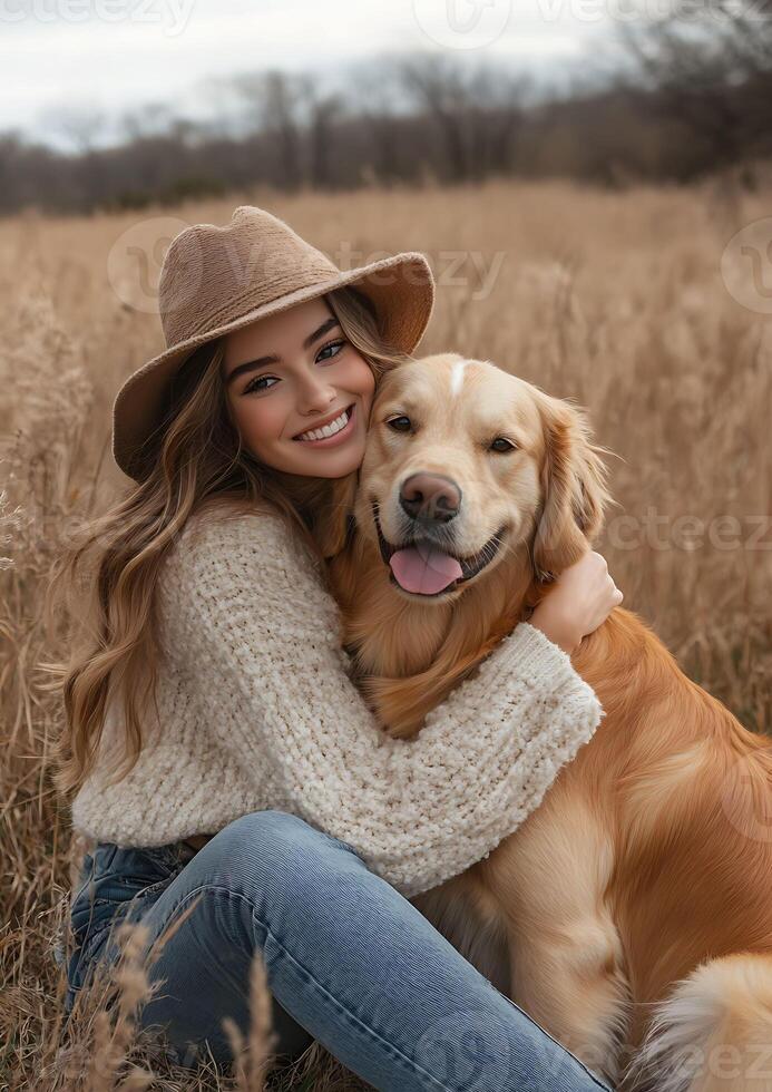 girl hugging golden retriever, outdoor scene, authentic moment photo