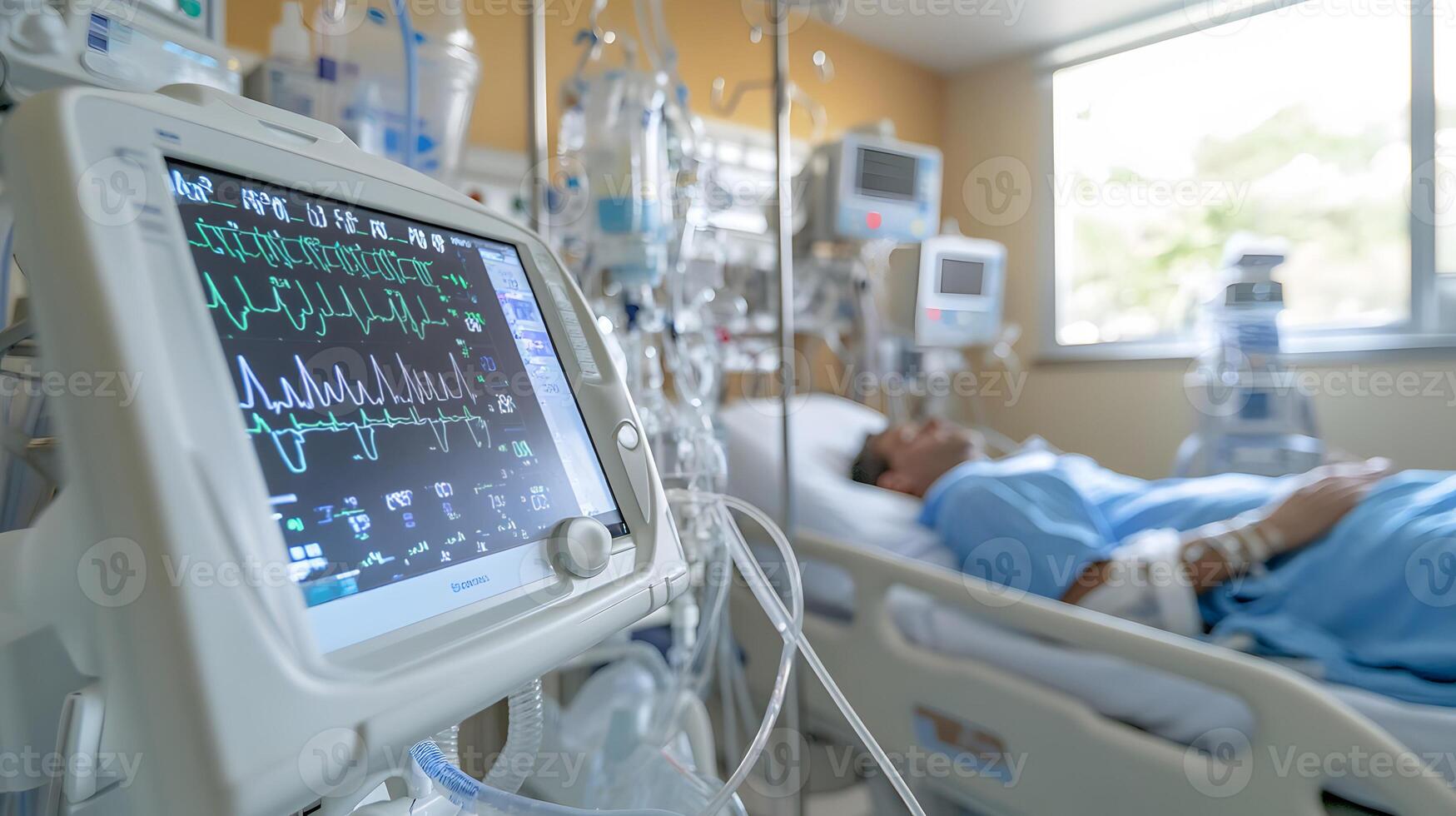 Doctor using a digital tablet to monitor patient vital signs in a modern hospital, medical technology in action, high-tech healthcare interface clean and professional environment photo