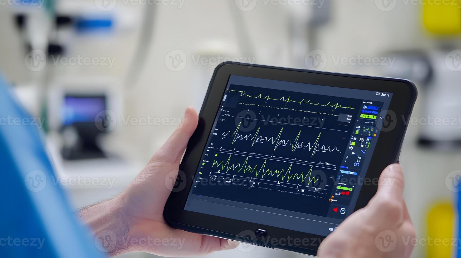 Tablet screen displaying real-time heart monitor in doctors hands, modern clinical environment, high-resolution interface photo