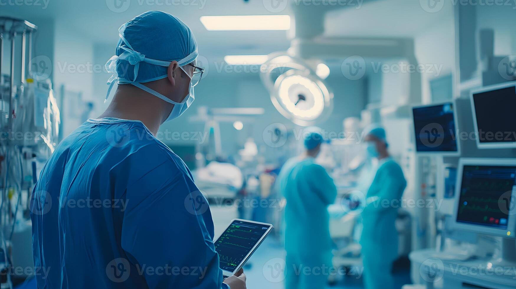 Advanced health records accessed through tablet by doctor, digital diagnostic tools in use, clean clinical scene, photo