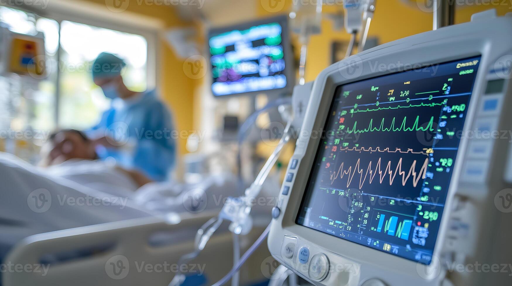 Doctor using a digital tablet to monitor patient vital signs in a modern hospital, medical technology in action, high-tech healthcare interface, clean and professional environment photo