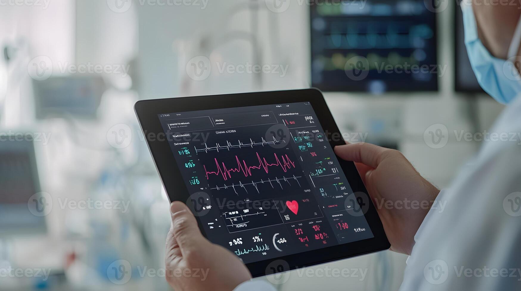 Tablet interface showing heart rhythm and patient stats held by professional doctor, tech-driven hospital environment. photo