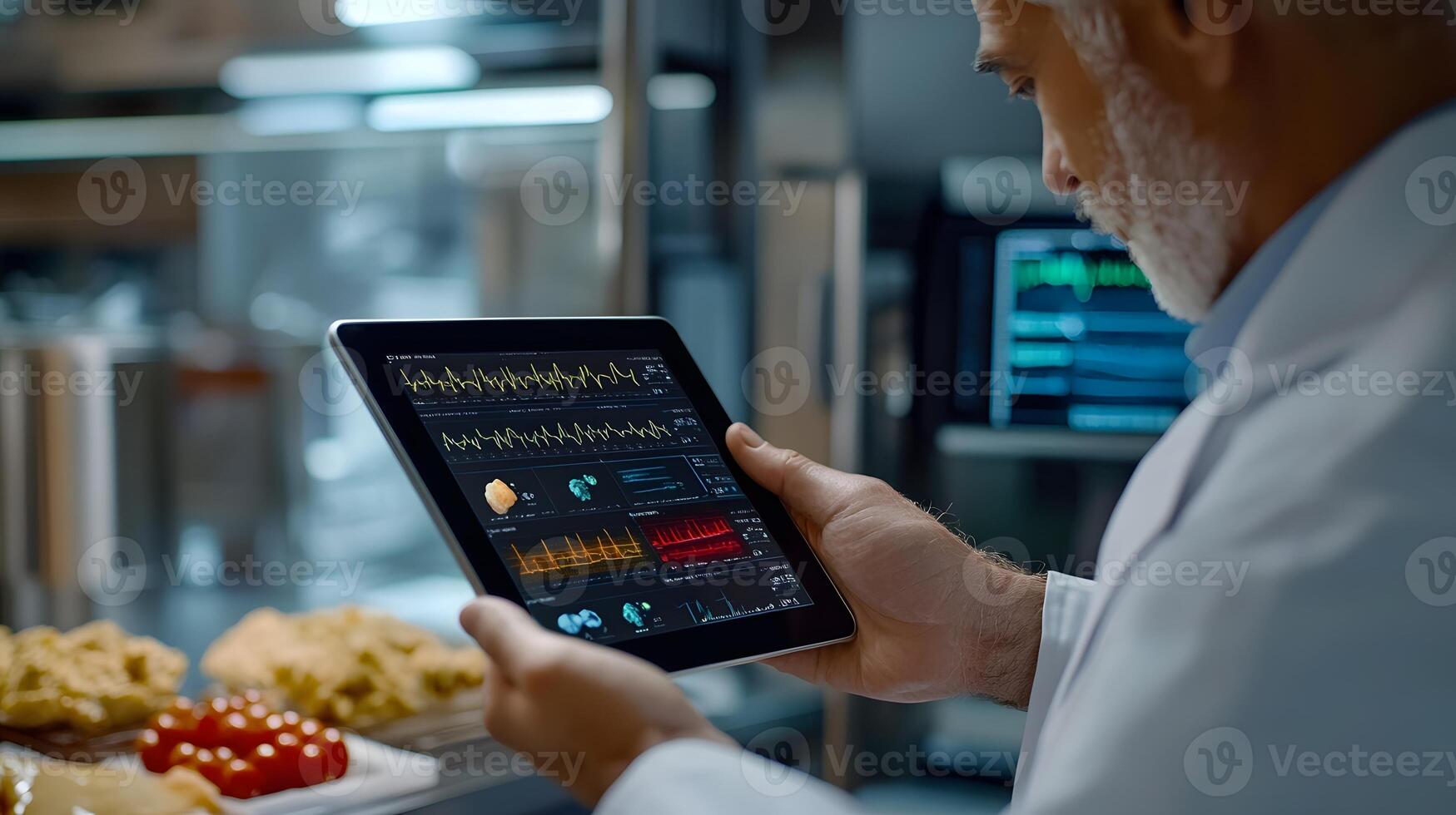 High tech health evaluation platform shown on tablet, medical expert reviewing records in hospital photo